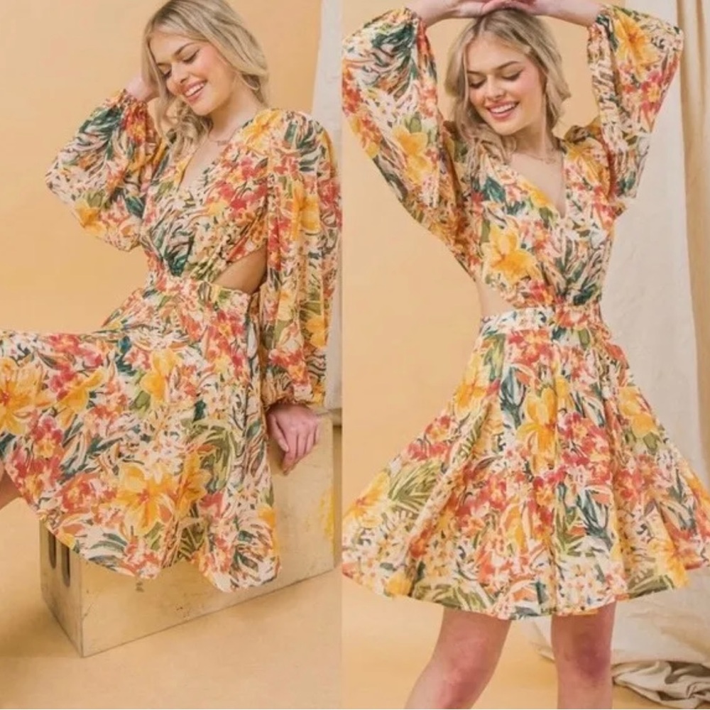 Pink Lily radiant glow tropical cut out sides floral dress Sz large